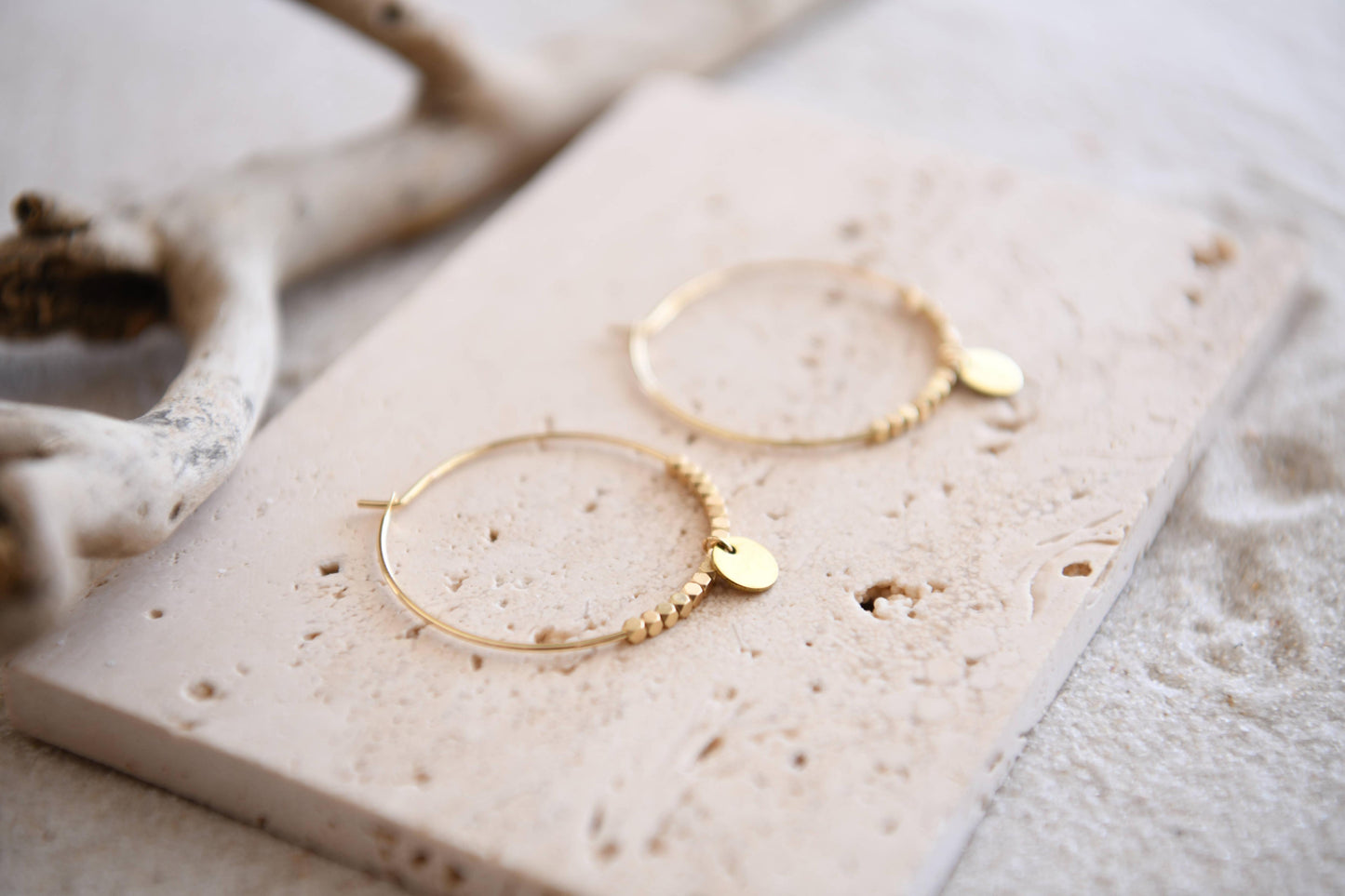Gold Faceted Pendant Hoop Earrings