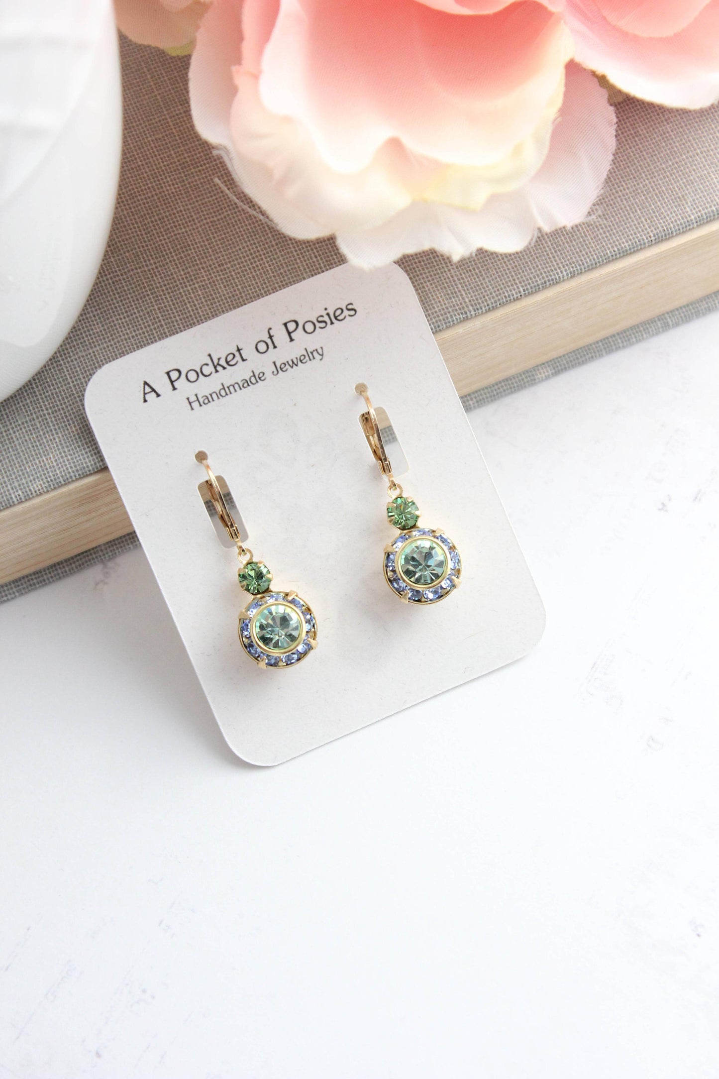 Art Deco Earrings- Light Sapphire & Peridot Green