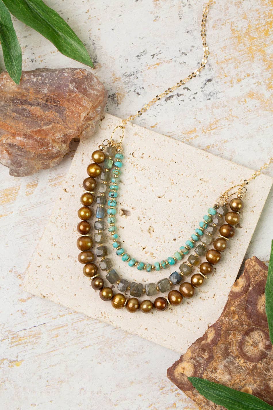 Desert Sunset 22-24" Turquoise, Freshwater Pearl, Labradorite Multistrand Necklace