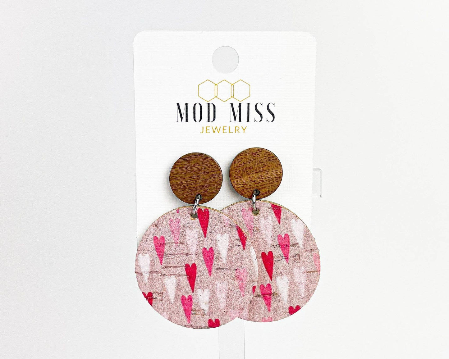 Cork+Leather Round Earring "Simple Hearts"