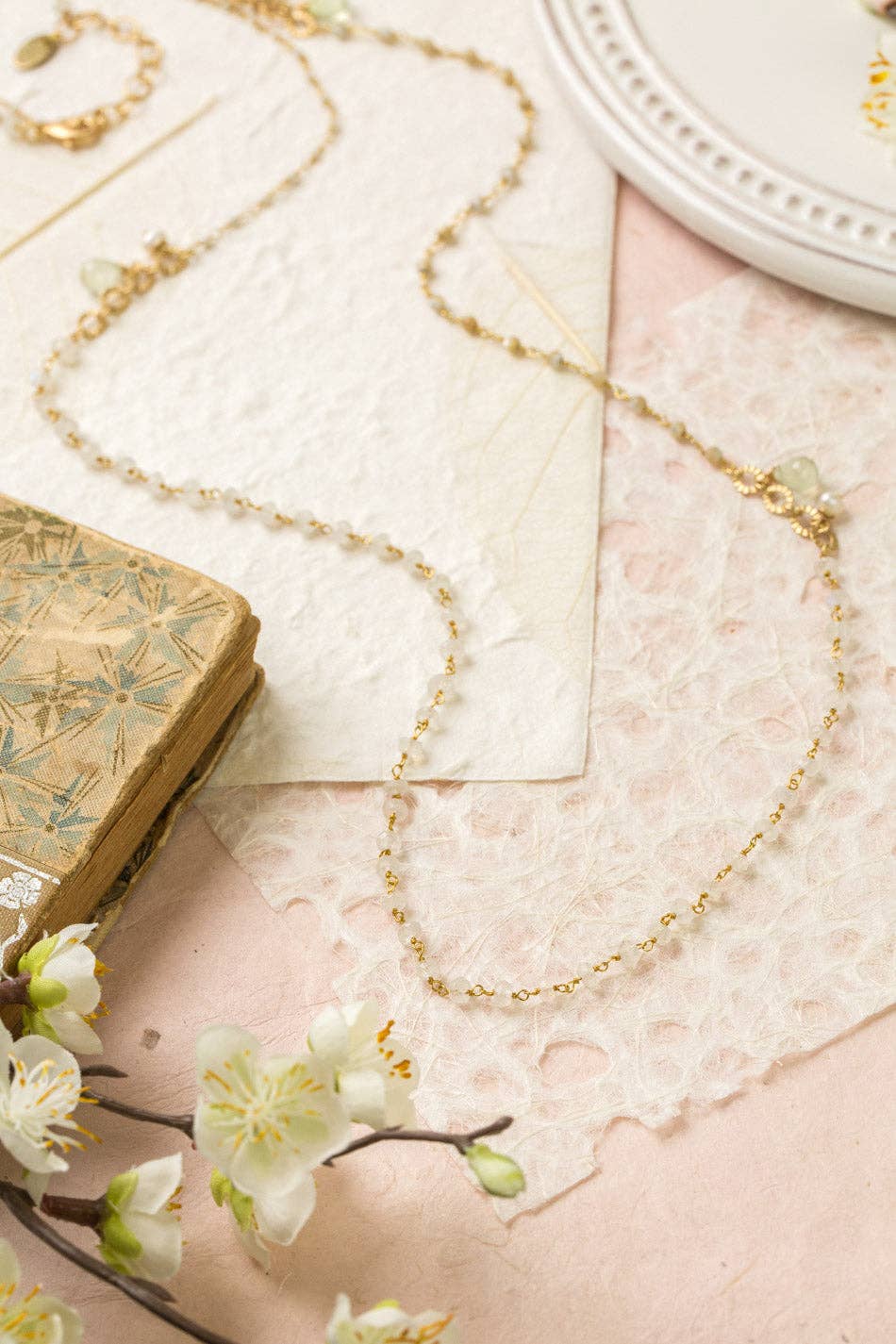 Contentment 35.5-37.5" Rainbow Moonstone, Prehnite, Pearl Collage Necklace