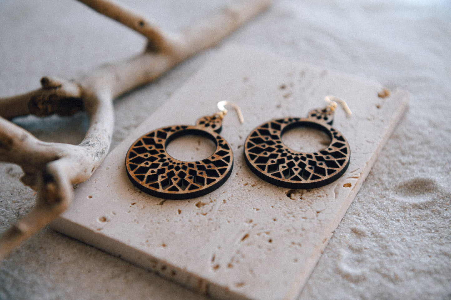 Tiered Mandala Round Wood Earrings