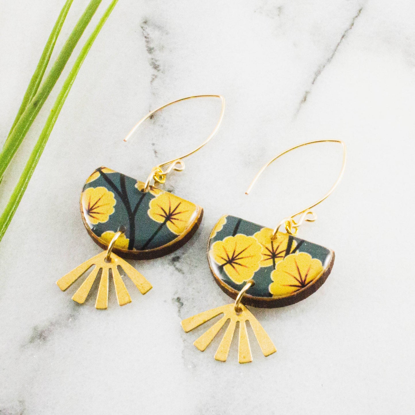 Yellow + Grey Floral Brass Fan Earrings