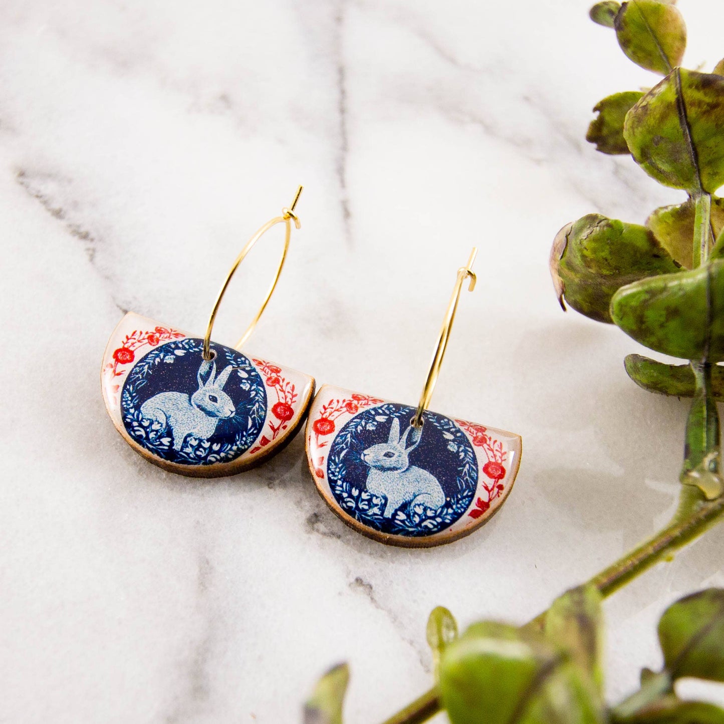 Vintage Red + Blue Rabbit Drop Hoop Earrings
