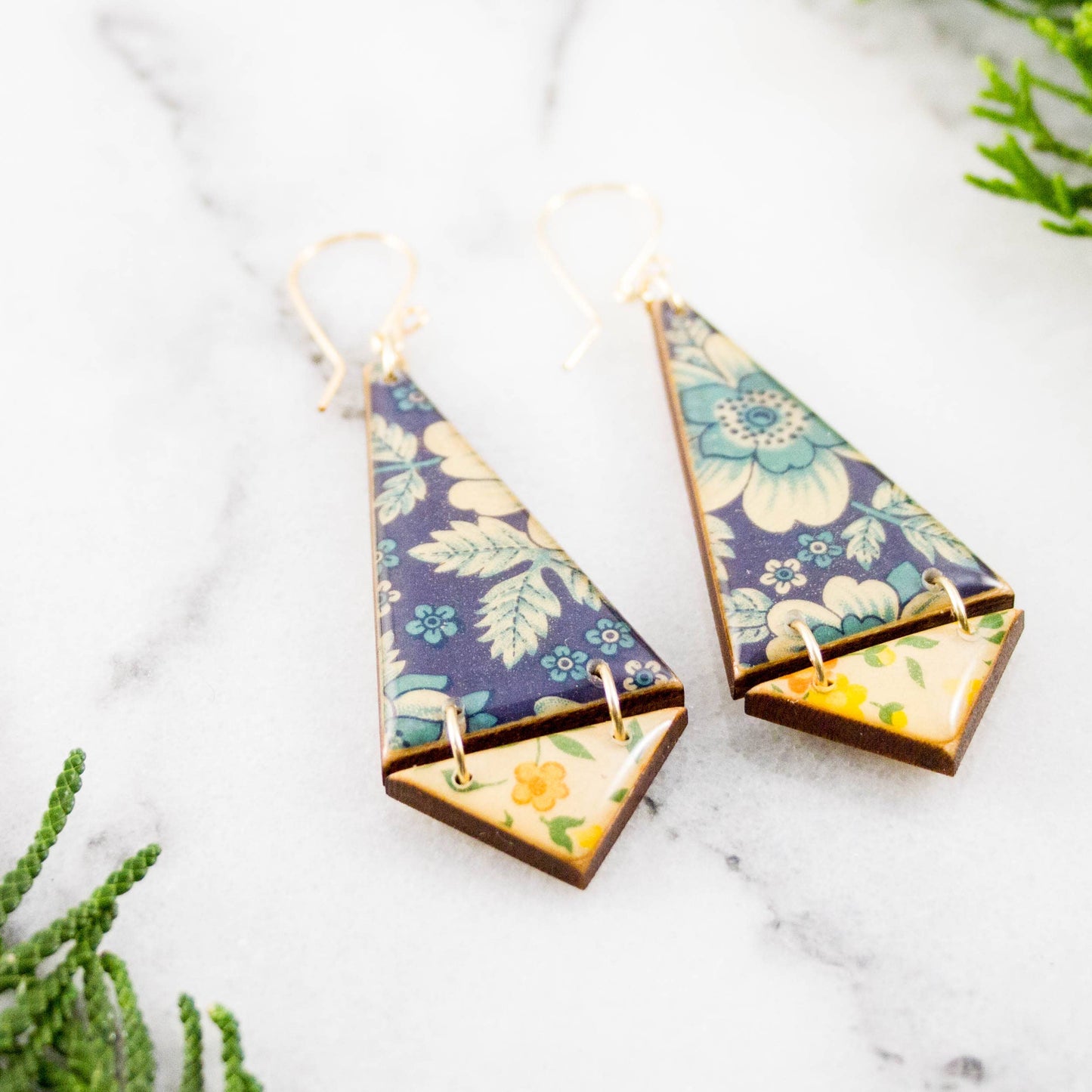 Double Triangle Earrings- Vintage Italian Florals
