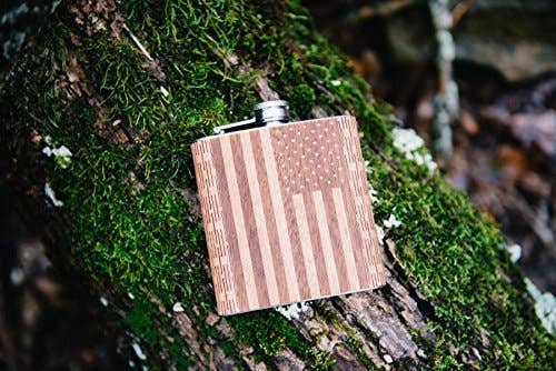 American Flag Wooden Hip Flask 6 oz Stainless Steel & Wood