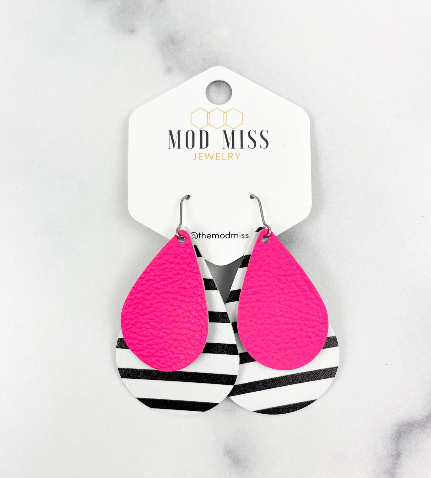 Leather Stacked Teardrop "Barbie+Blk&WhtStripeThick
