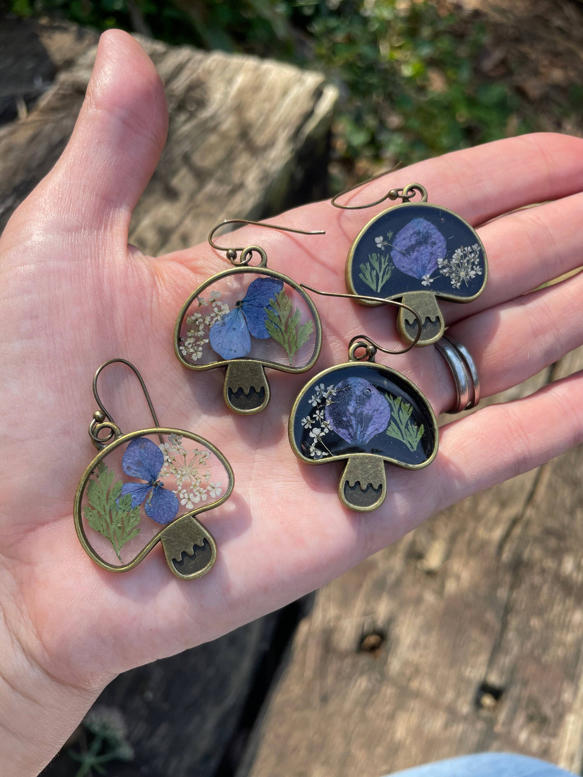 Botanical mushroom earrings with dried flowers, moody