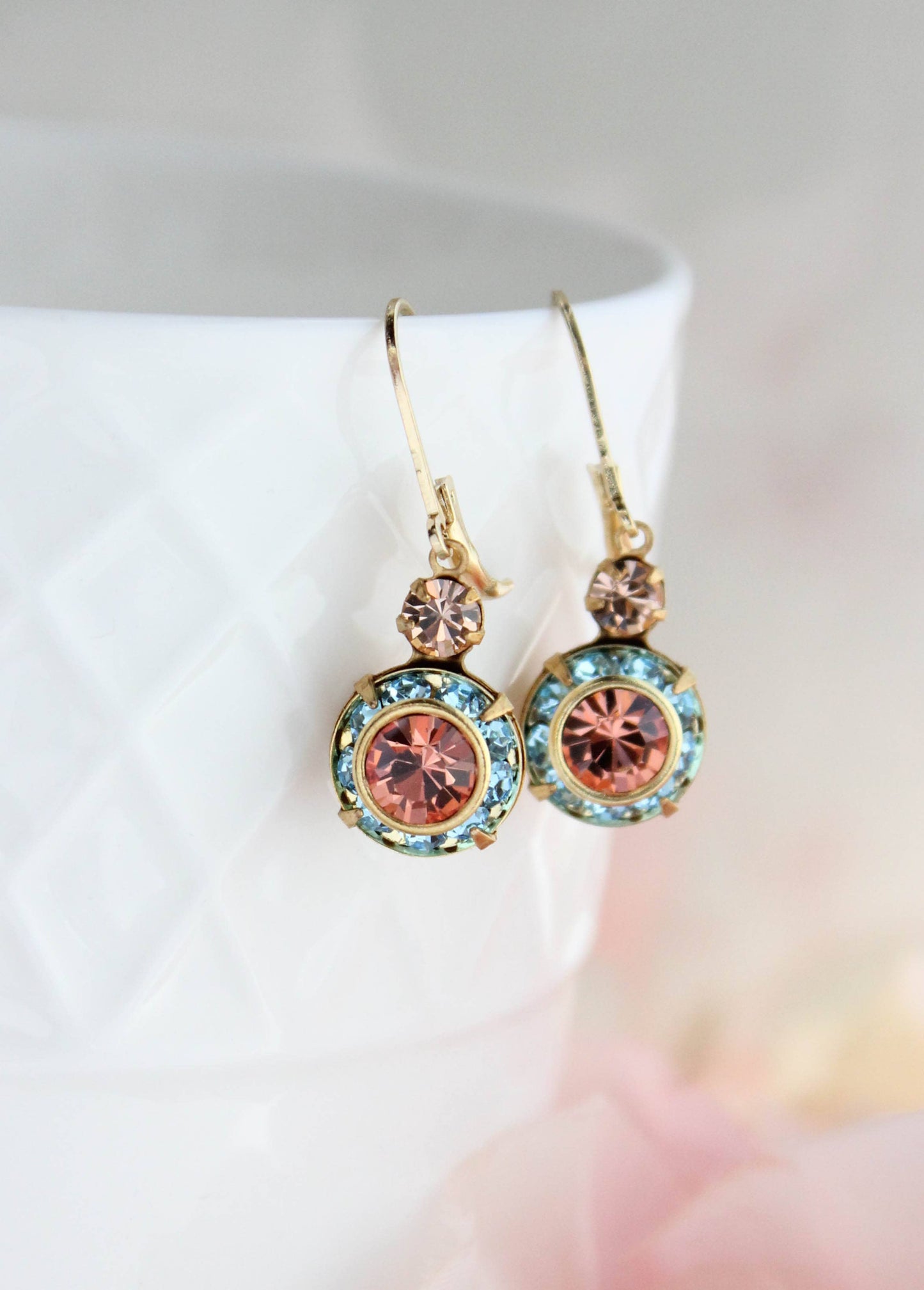 Art Deco Floral Earrings- Light Peach & Aquamarine