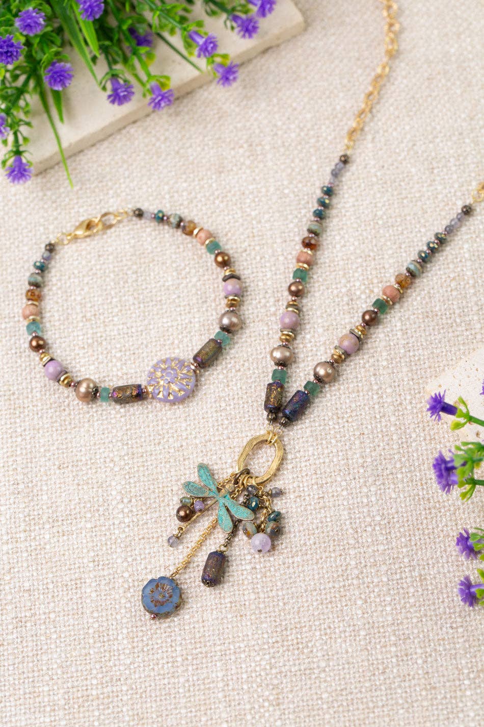Folklore 19.25 or 27" Tanzanite, Czech Glass, Freshwater Pearl Collage Necklace