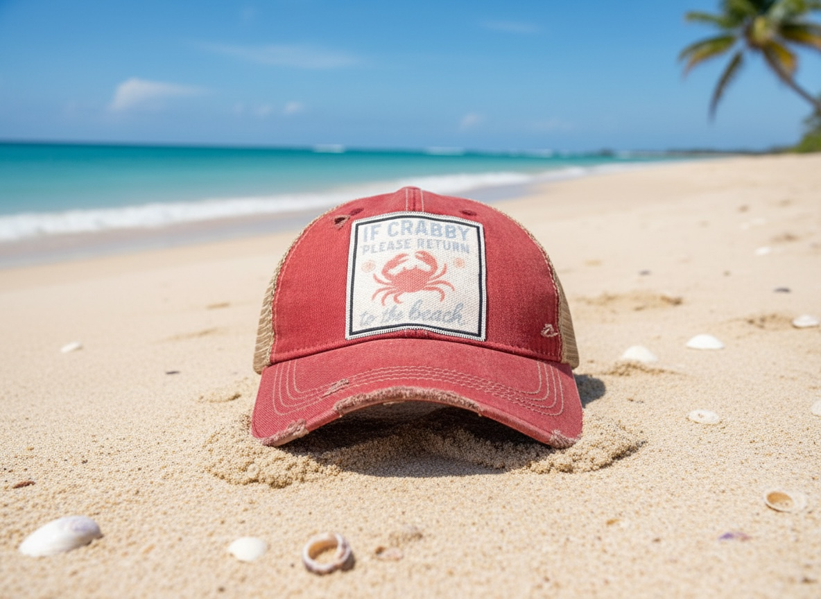 "If Crabby Please Return to the Beach"Distressed Trucker Cap