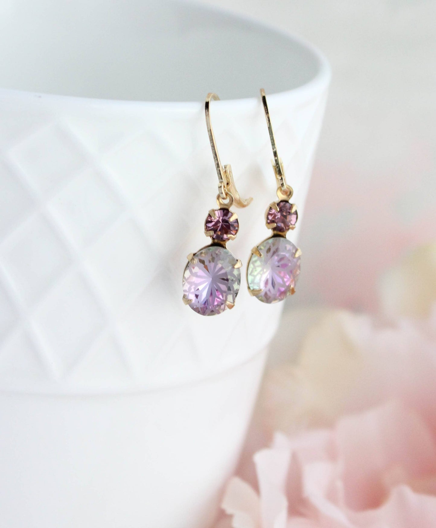Etched Glass Drop Earrings- Aurora Iridescent Floral