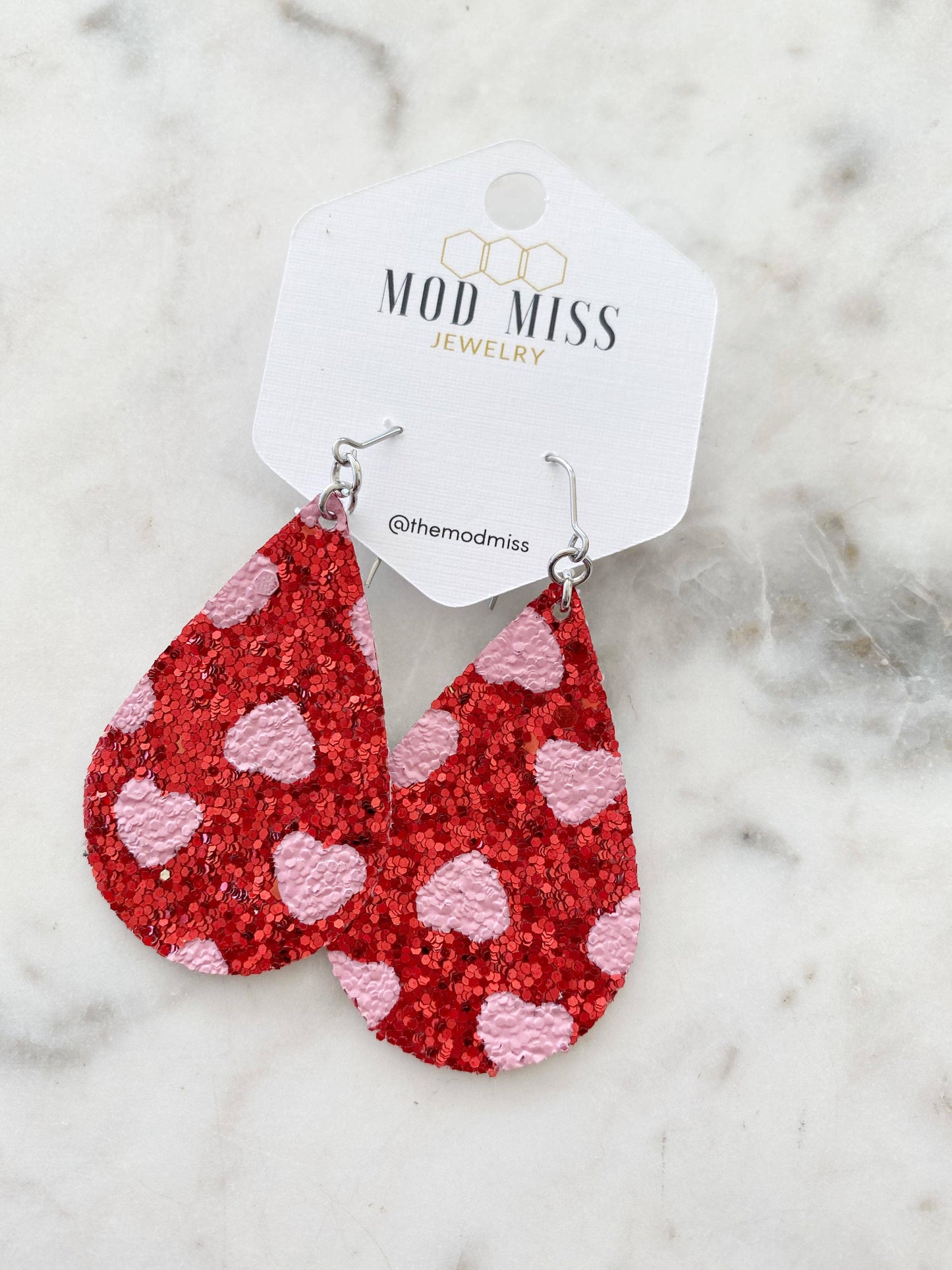 Leather+Canvas Teardrop Earring "PinkGlitterHearts+RedGlit"