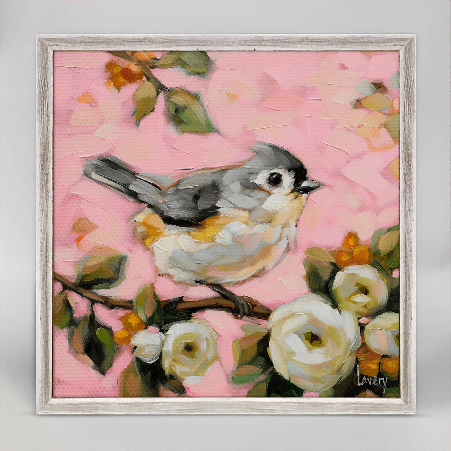 Tufted Titmouse On Pink Mini Framed Canvas