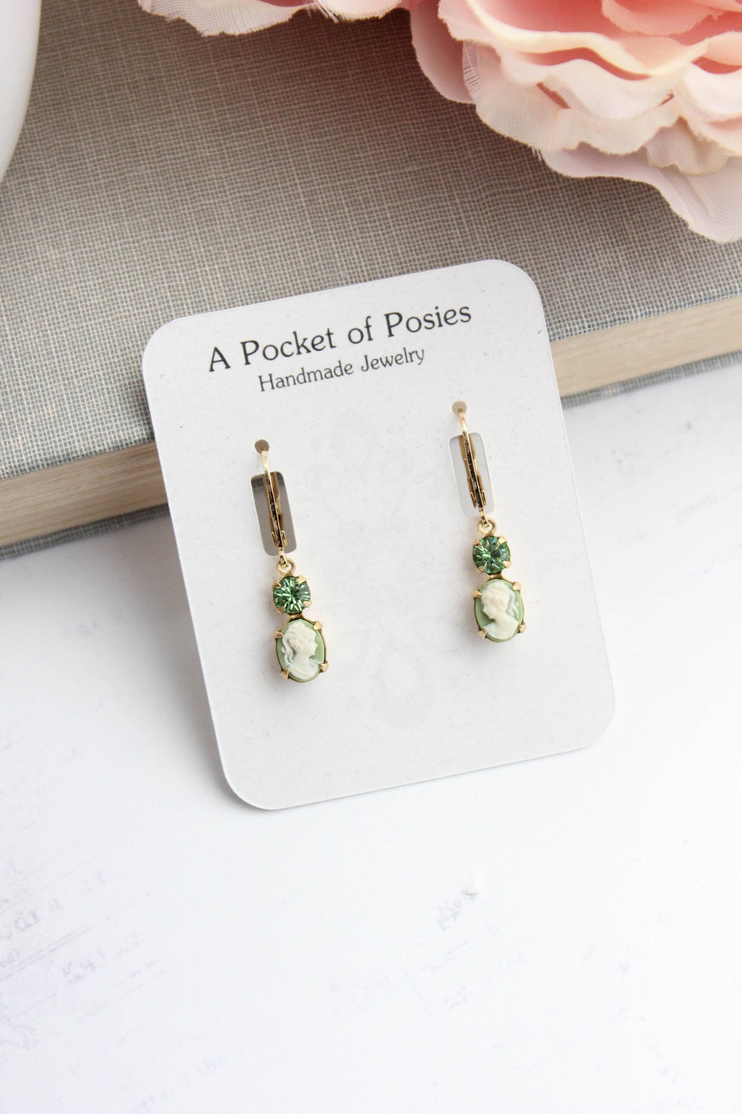 Tiny Lady Cameo Earrings- Light Green