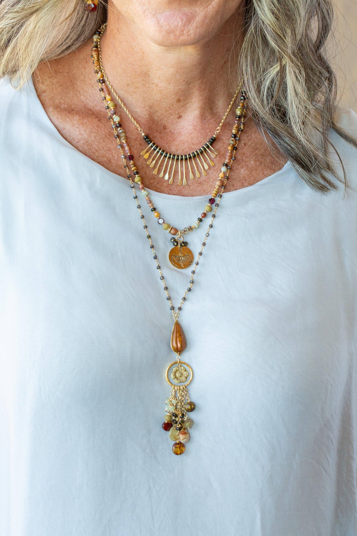 Golden Hour 20-22" Garnet, Rhyolite, Obsidian Collage Necklace