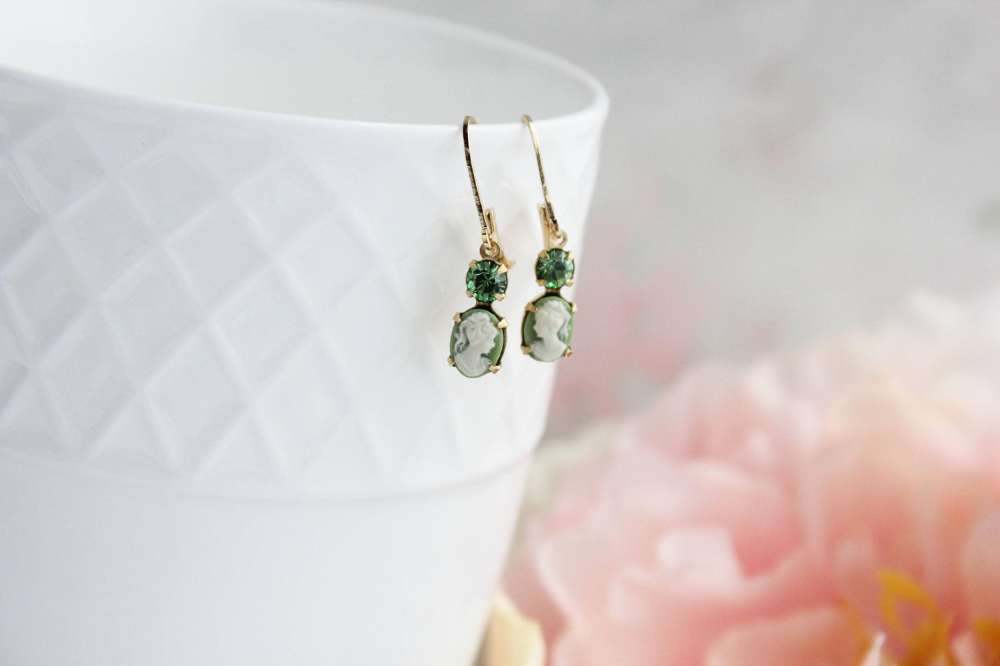 Tiny Lady Cameo Earrings- Light Green