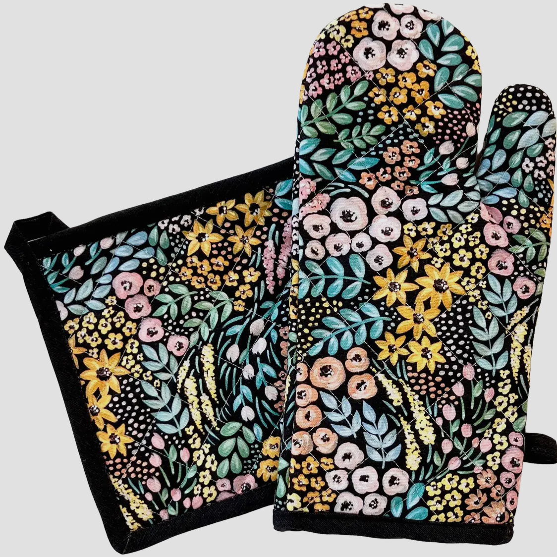 Black Floral Oven Mitt + Pot Holder Set