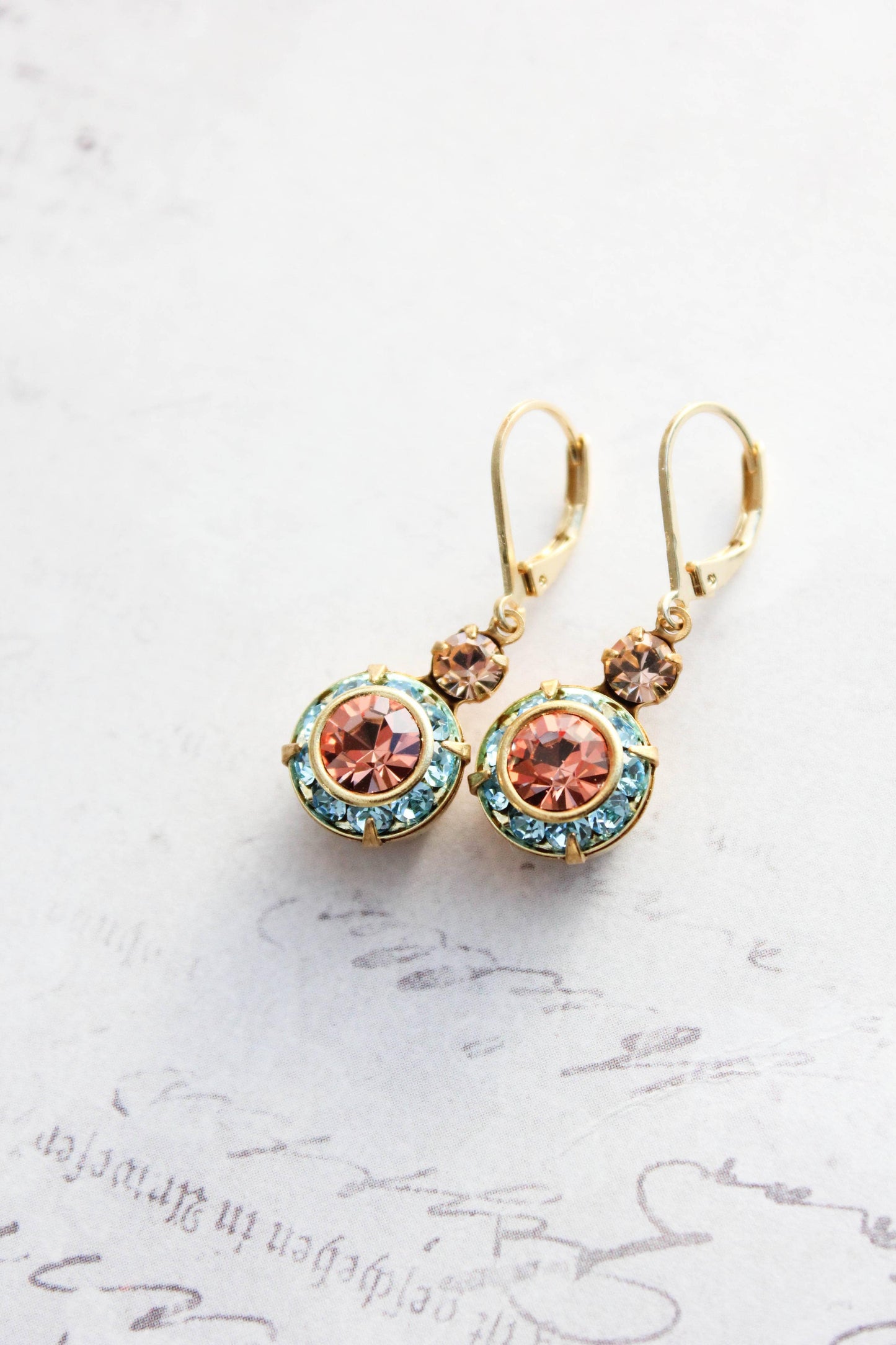 Art Deco Floral Earrings- Light Peach & Aquamarine
