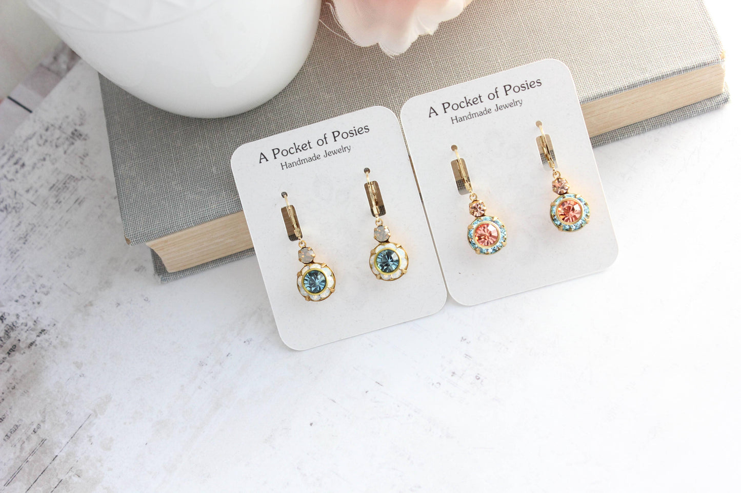 Art Deco Floral Earrings- Light Peach & Aquamarine