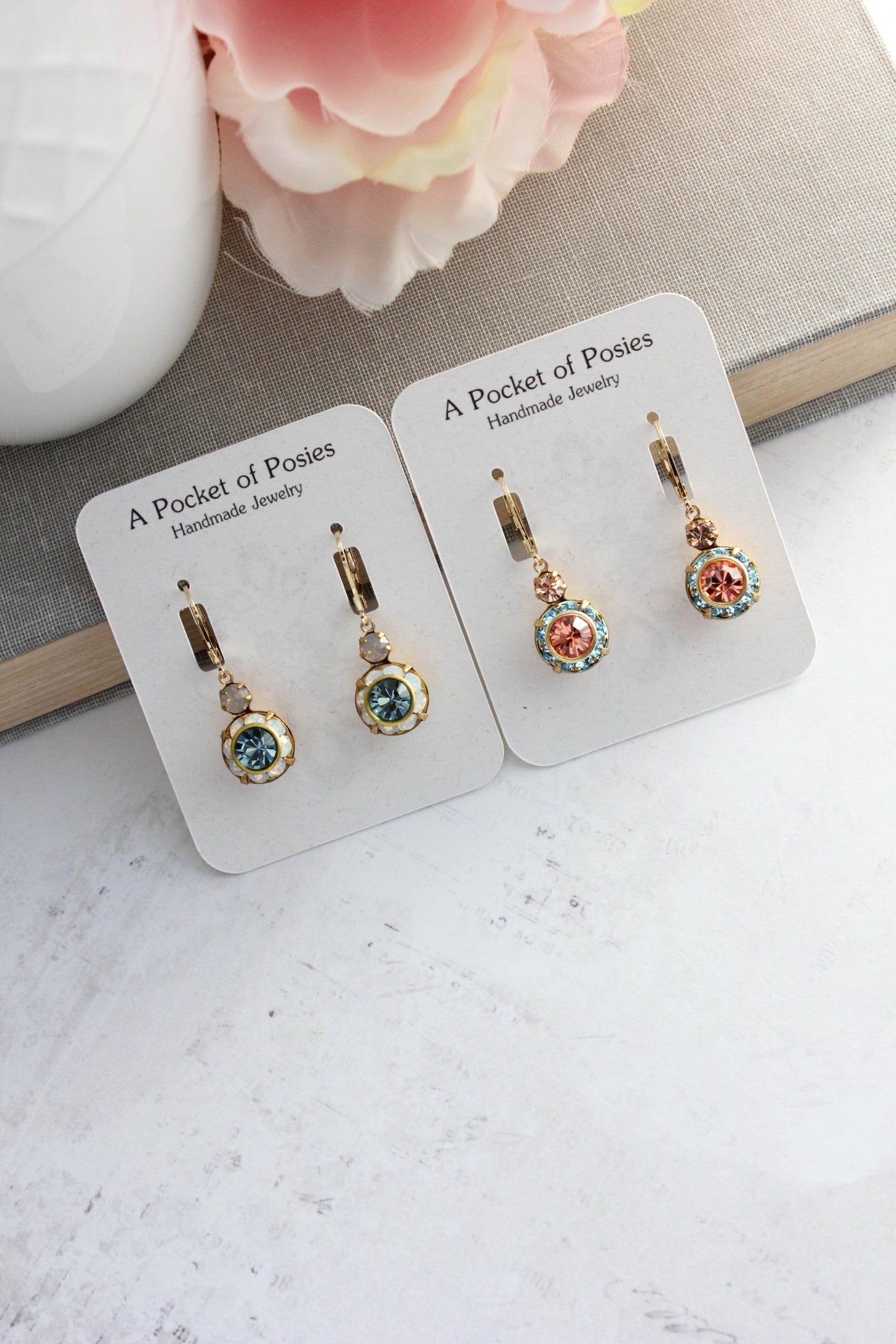Art Deco Floral Earrings- Light Peach & Aquamarine