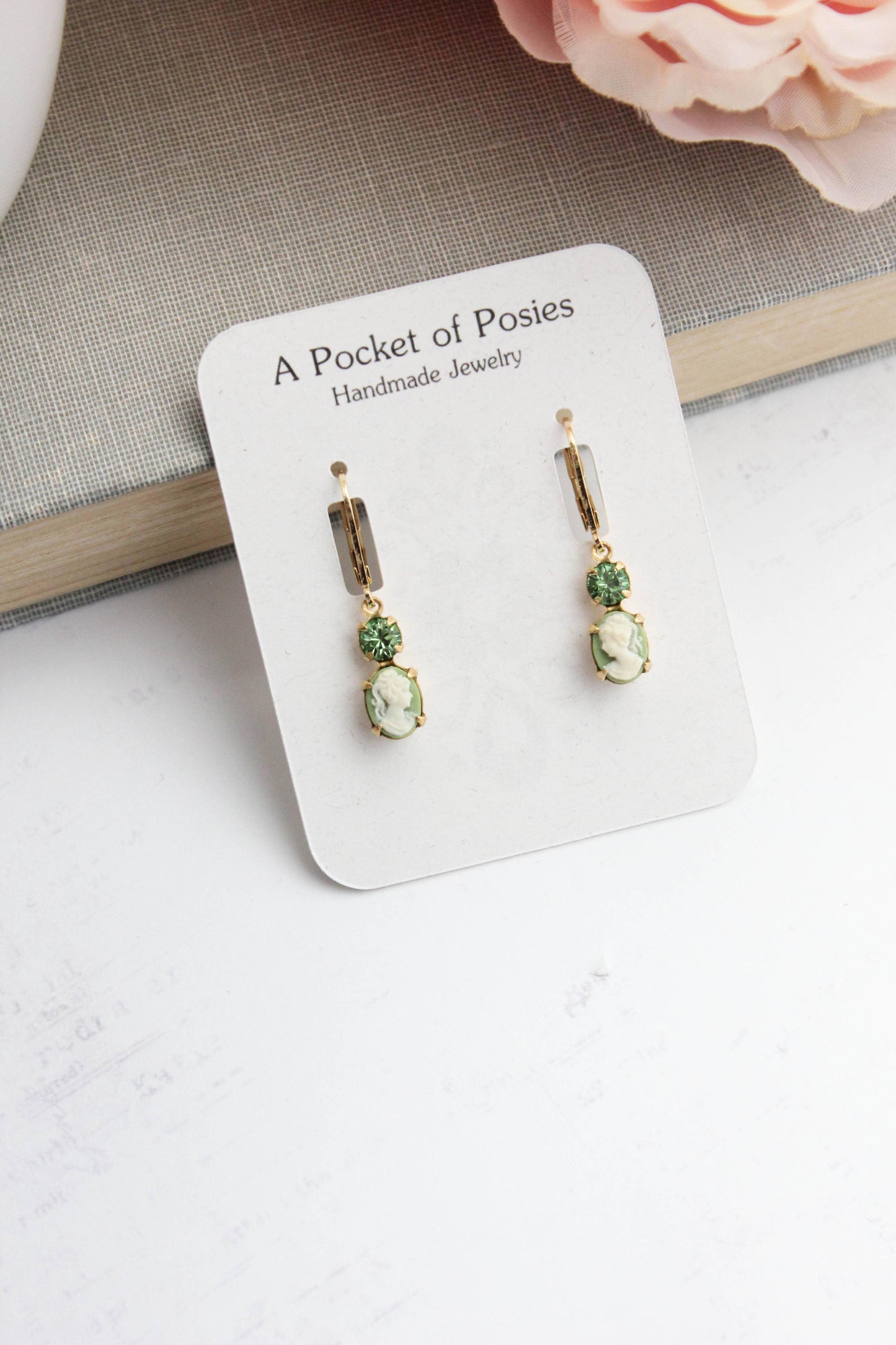 Tiny Lady Cameo Earrings- Light Green