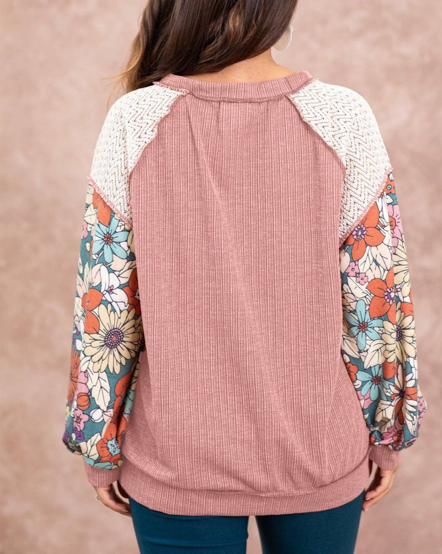 Floral Patchwork Puff Sleeve Blouse: Rose Pink