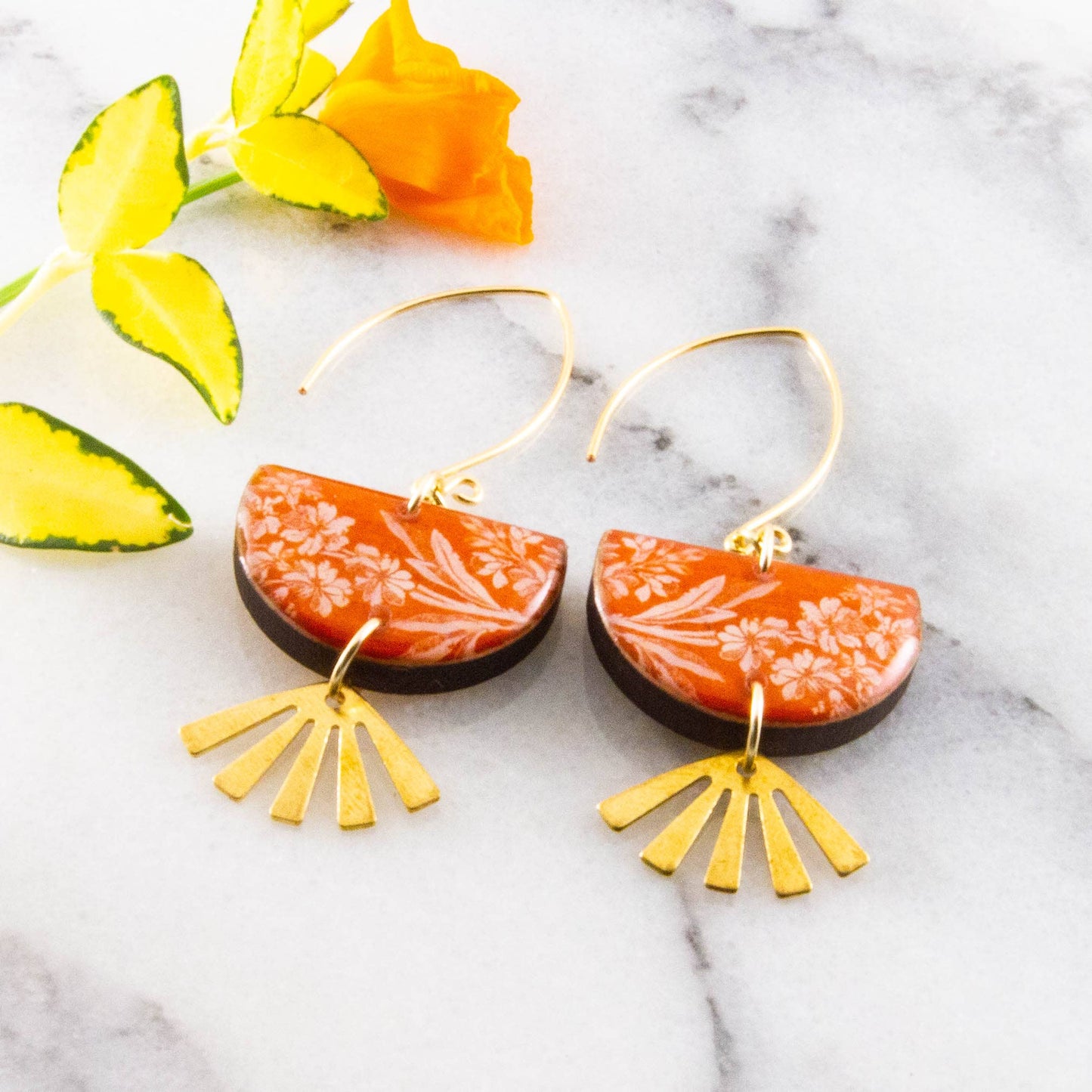 Vintage Orange Floral Brass Fan Drop Earrings