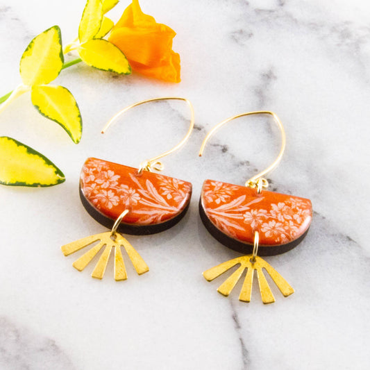 Vintage Orange Floral Brass Fan Drop Earrings