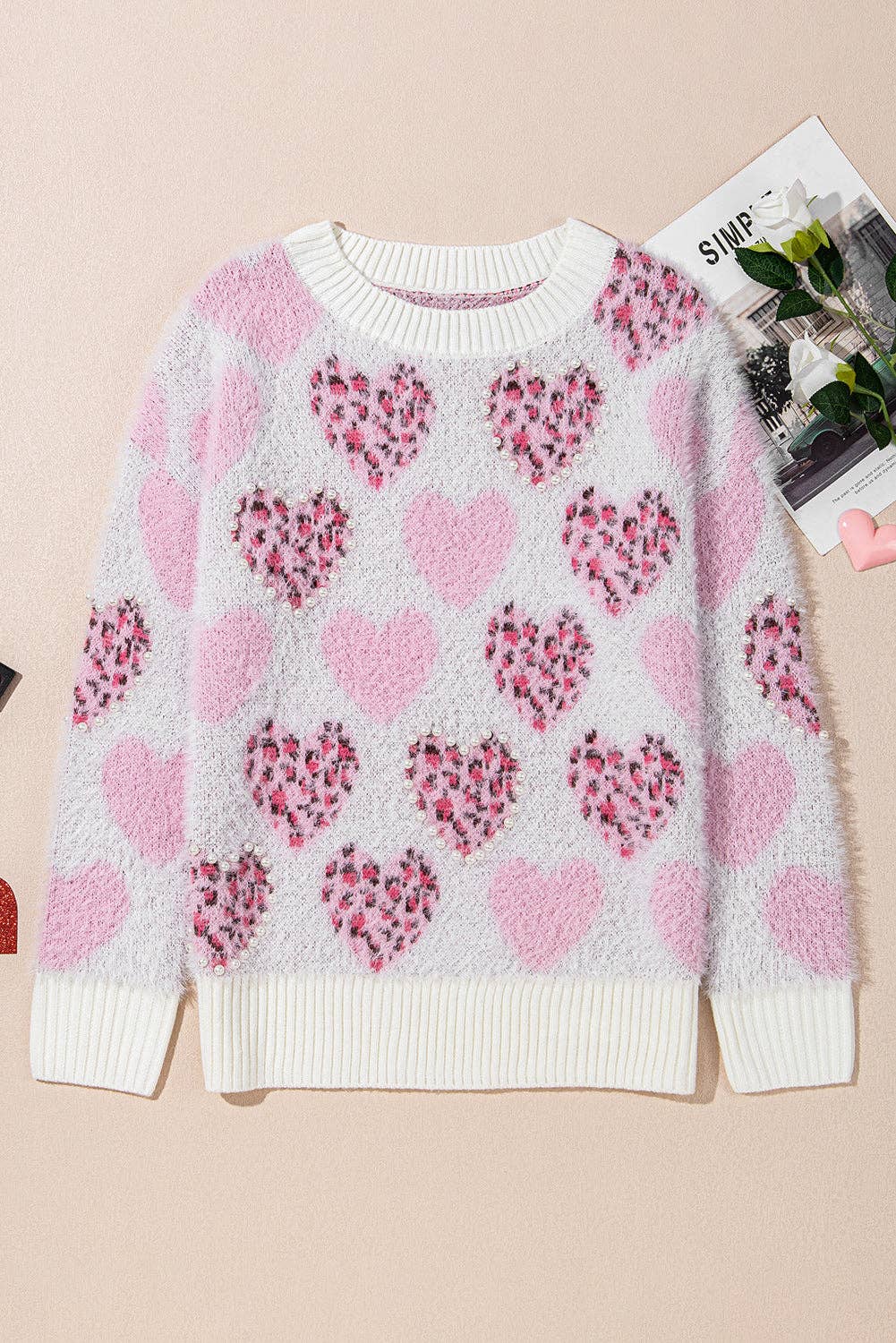Leopard Heart Pearl Beaded Sweater