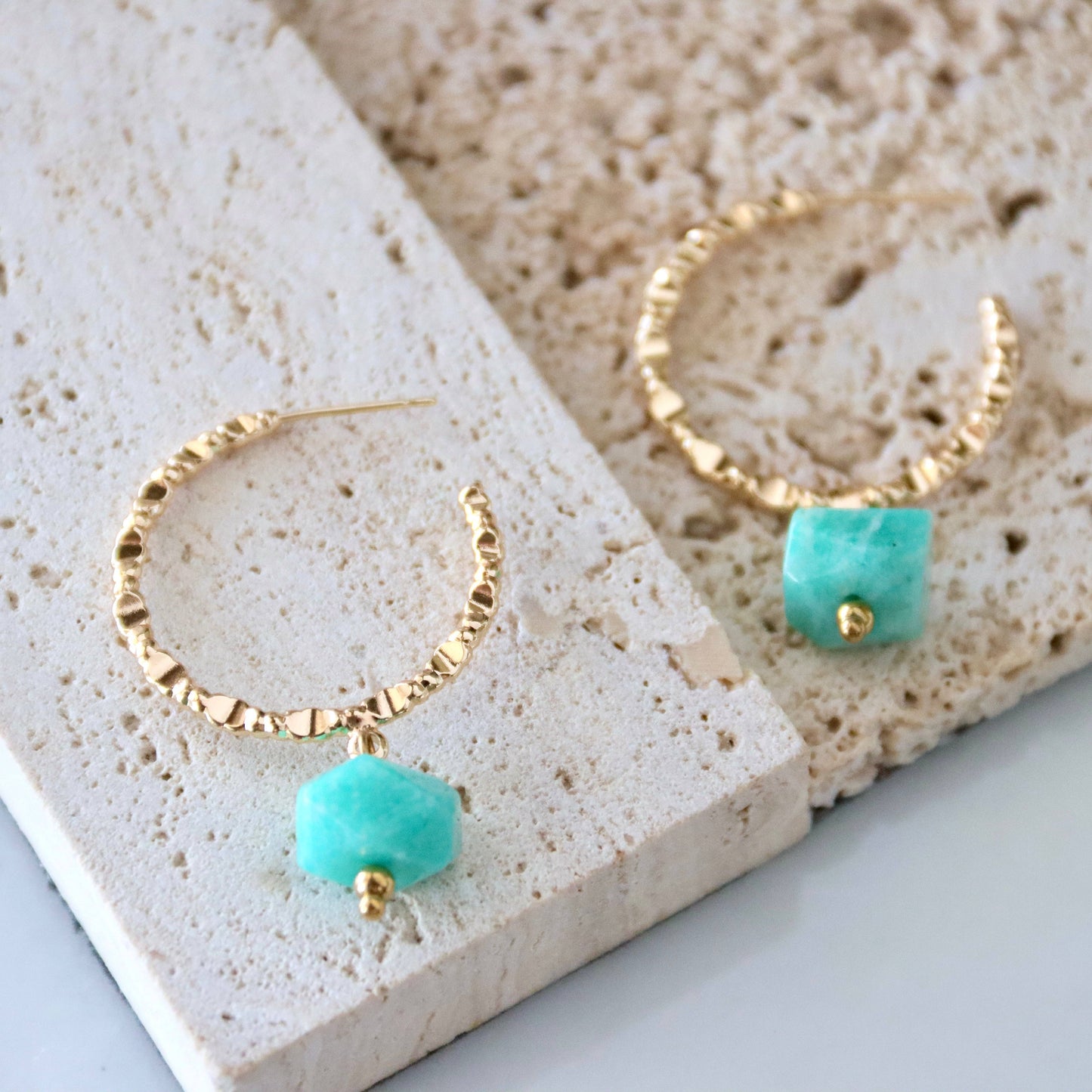 Amazonite or Turquoise Textured Hoop Earrings