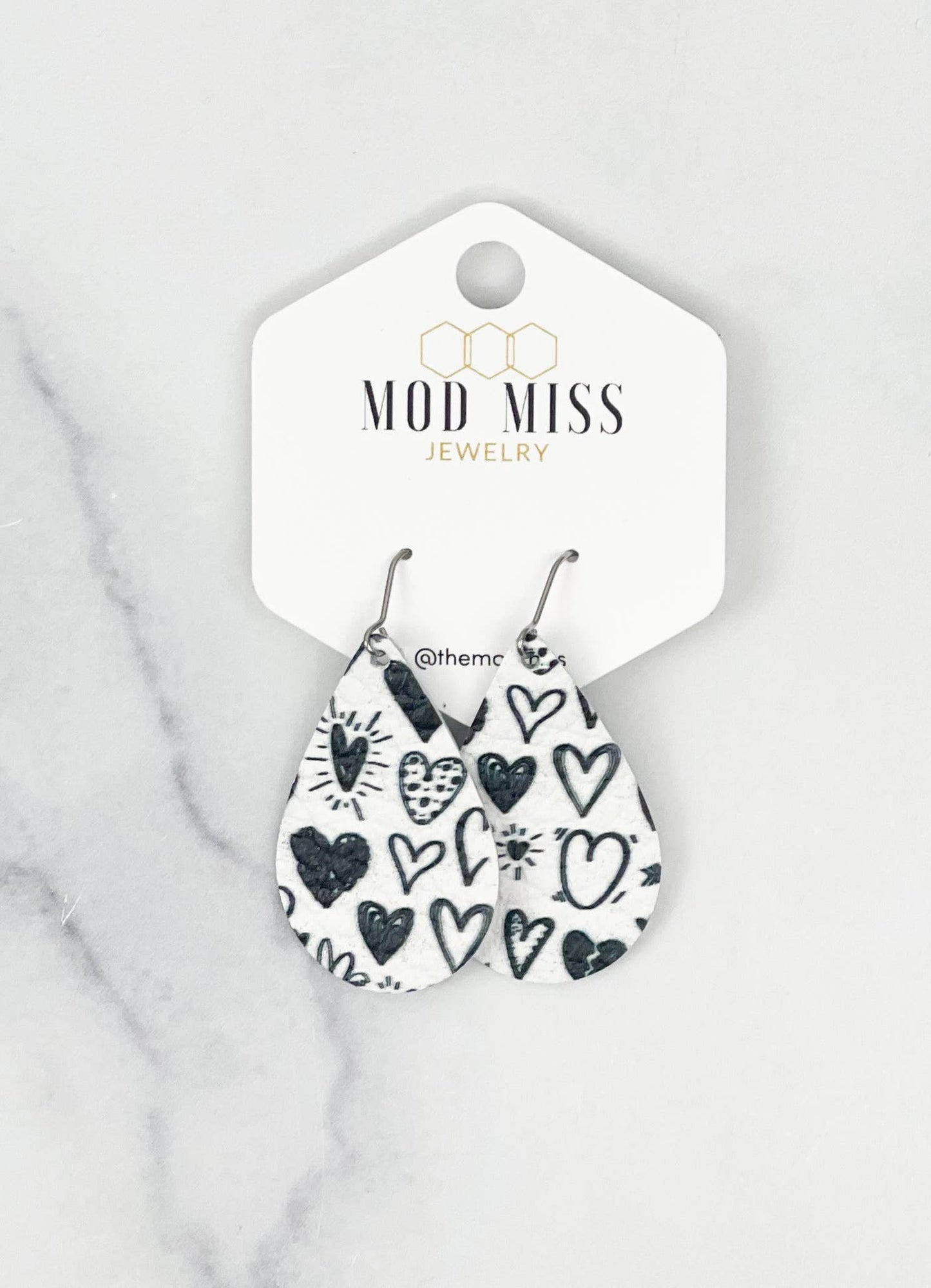 Leather Teardrop Earring "Black & White Hearts"