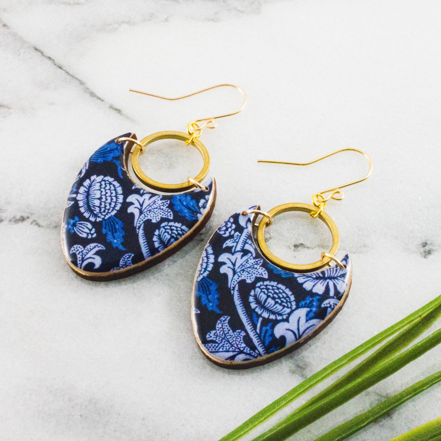 Blue Floral Brass Ring Statement Earrings