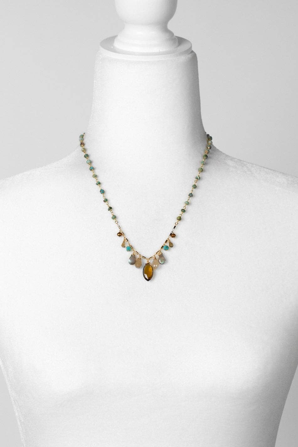 Desert Sunset 16-18" Turquoise, Freshwater Pearl, Citrine With Smokey Quartz Cluster Necklace