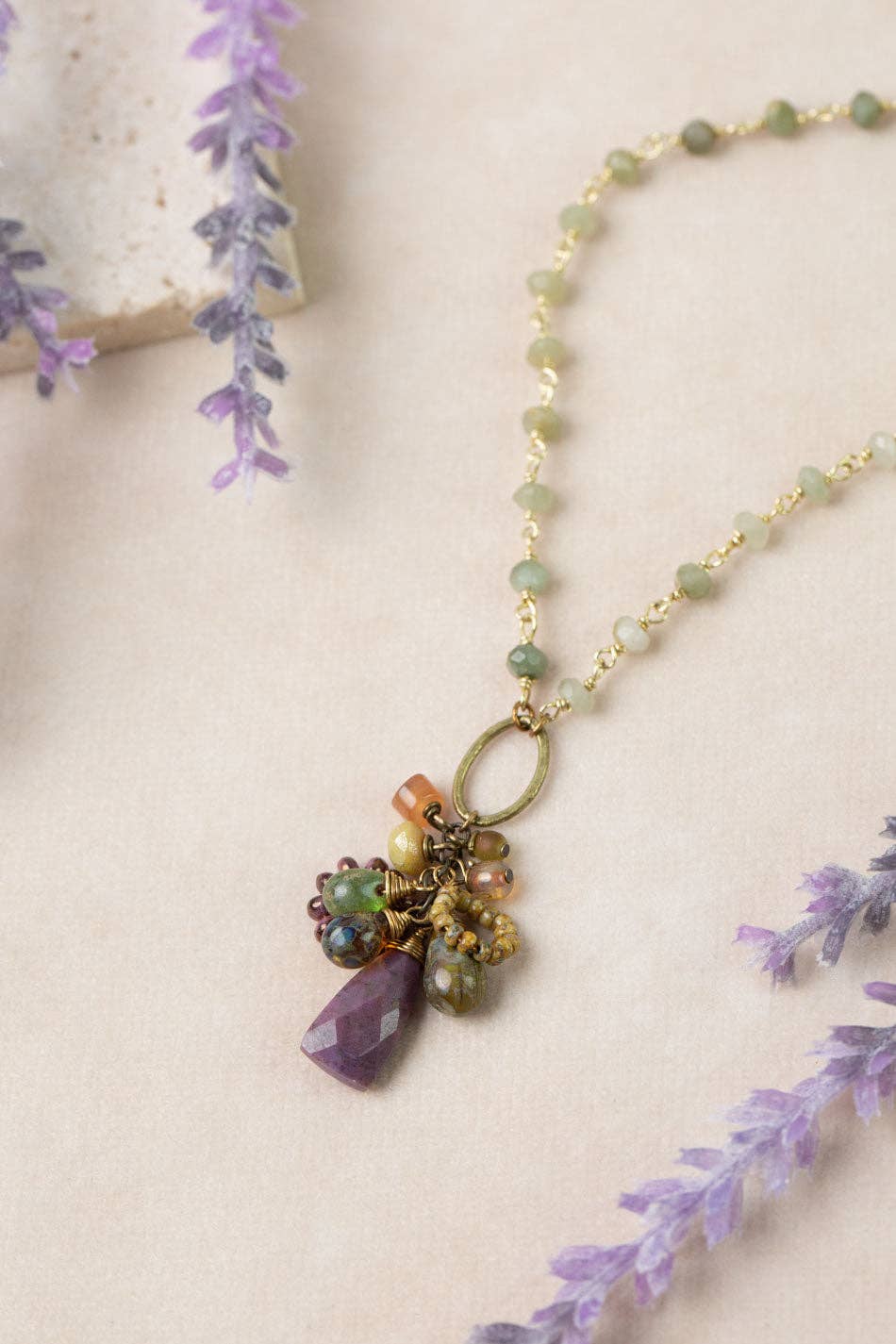 Apatheia 17.5-19.5" Czech Glass, Cats Eye, Purple Jasper Cluster Necklace