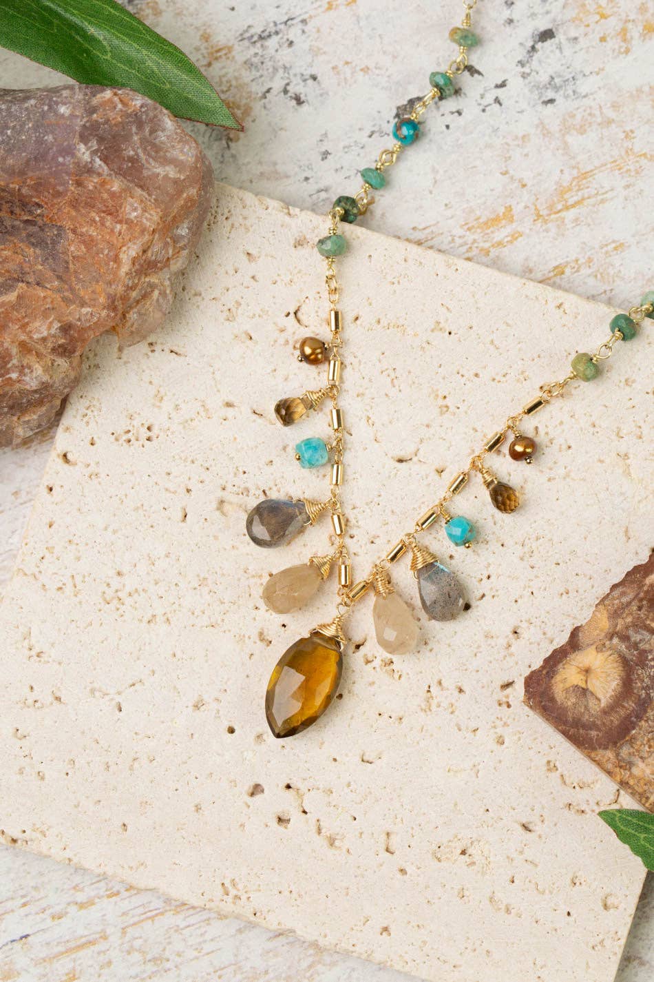 Desert Sunset 16-18" Turquoise, Freshwater Pearl, Citrine With Smokey Quartz Cluster Necklace