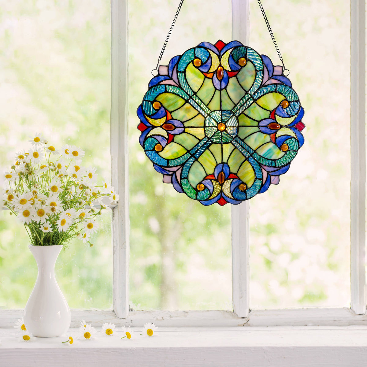 12" Halston Edwardian Stained Glass Window Panel: Blue
