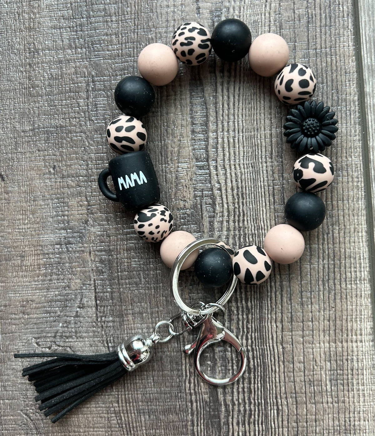 Mama Coffee Mug Black Daisy Leopard Wristlet Keychain