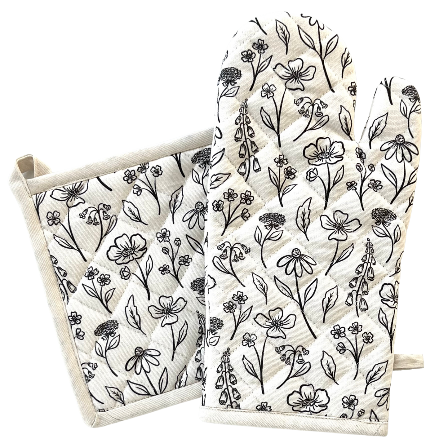 Pressed Floral Oven Mitt + Pot Holder Set