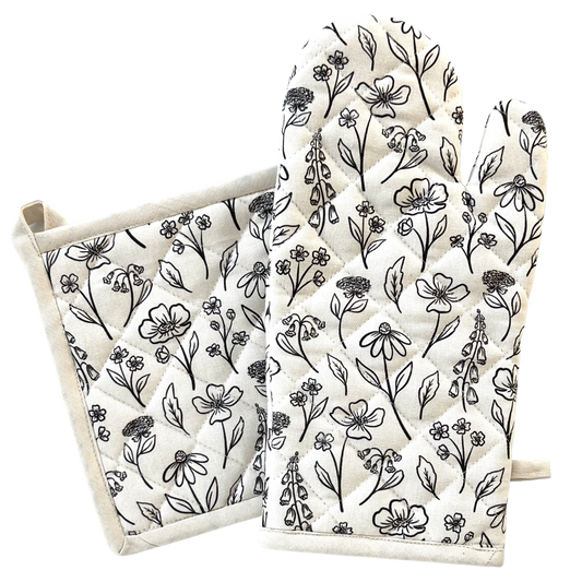 Pressed Floral Oven Mitt + Pot Holder Set