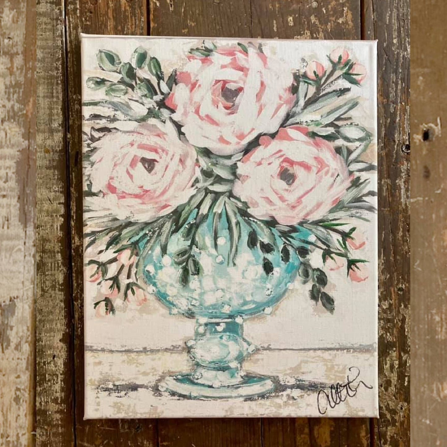 Floral blue milk glass 16x20
