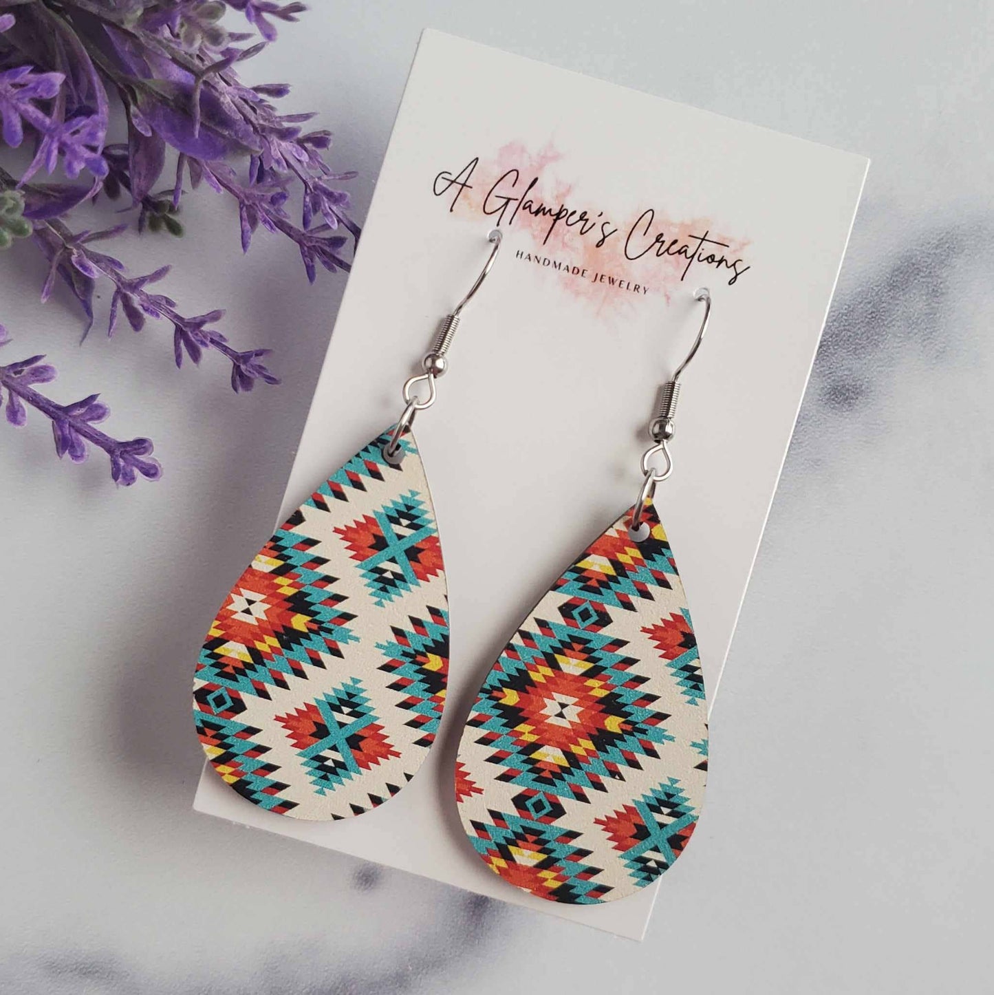 Teal & White Aztec Wooden Teardrop Earrings