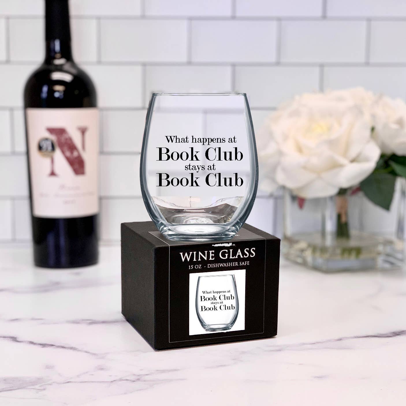 "What happens at Book Club..." Stemless Wine Glass
