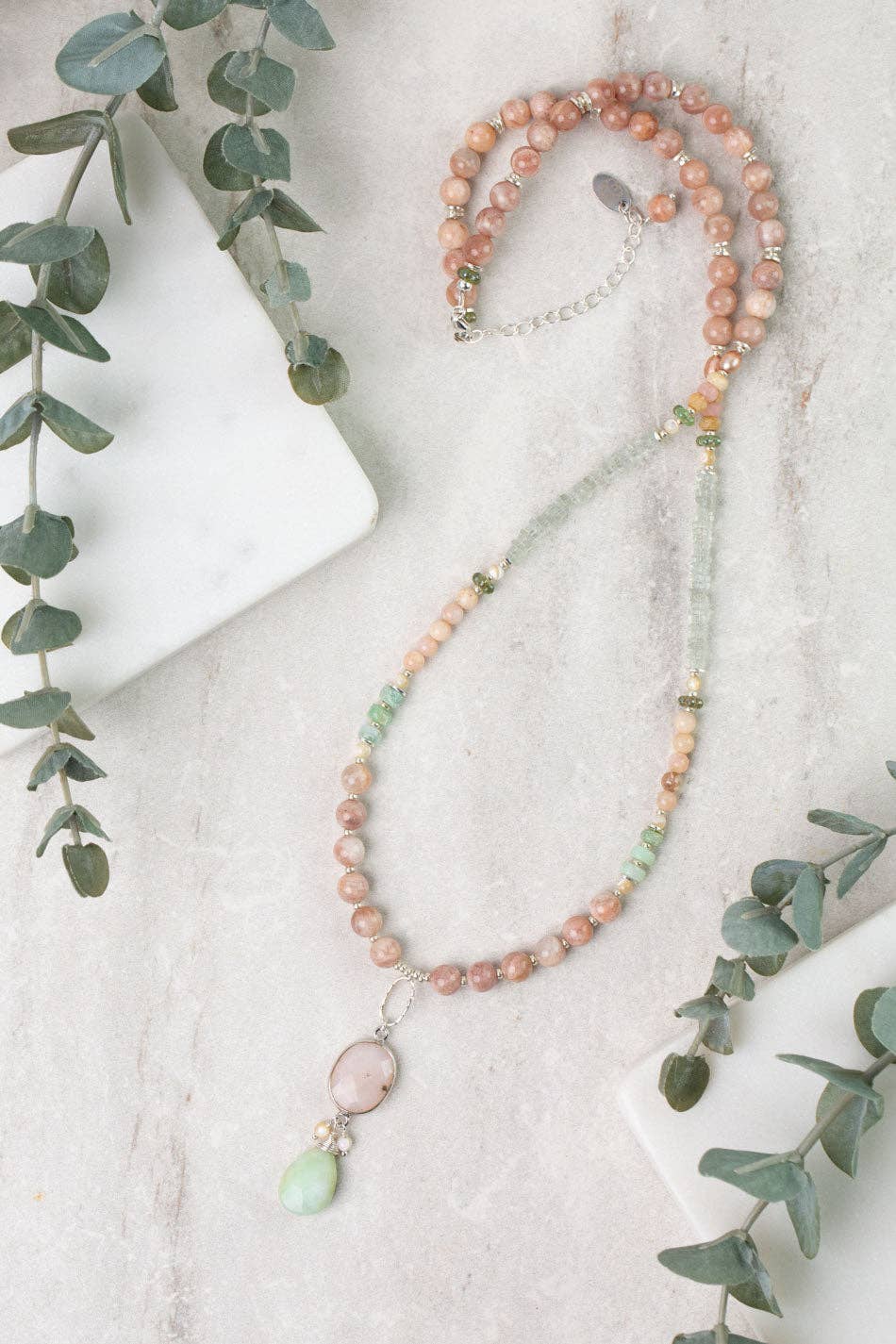 Calming Fleurs 24-26" Peach Moonstone, Chrysoprase, Green Amethyst with Pink Opal Statement Necklace