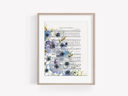 "Great is Thy Faithfulness" Blue Anemone Floral Hymn Print