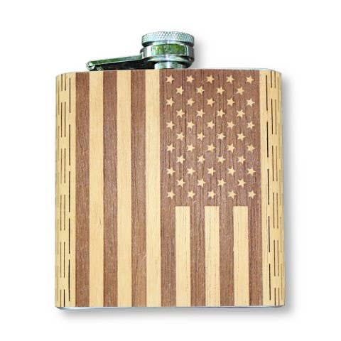 American Flag Wooden Hip Flask 6 oz Stainless Steel & Wood