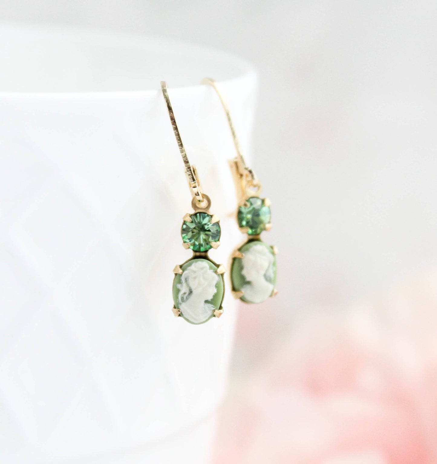Tiny Lady Cameo Earrings- Light Green