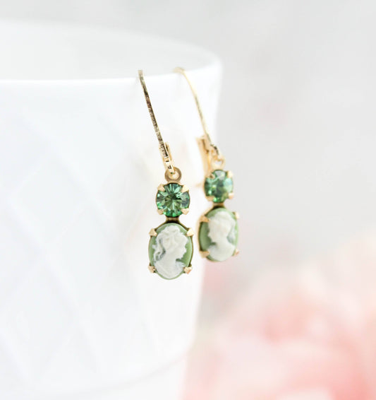 Tiny Lady Cameo Earrings- Light Green