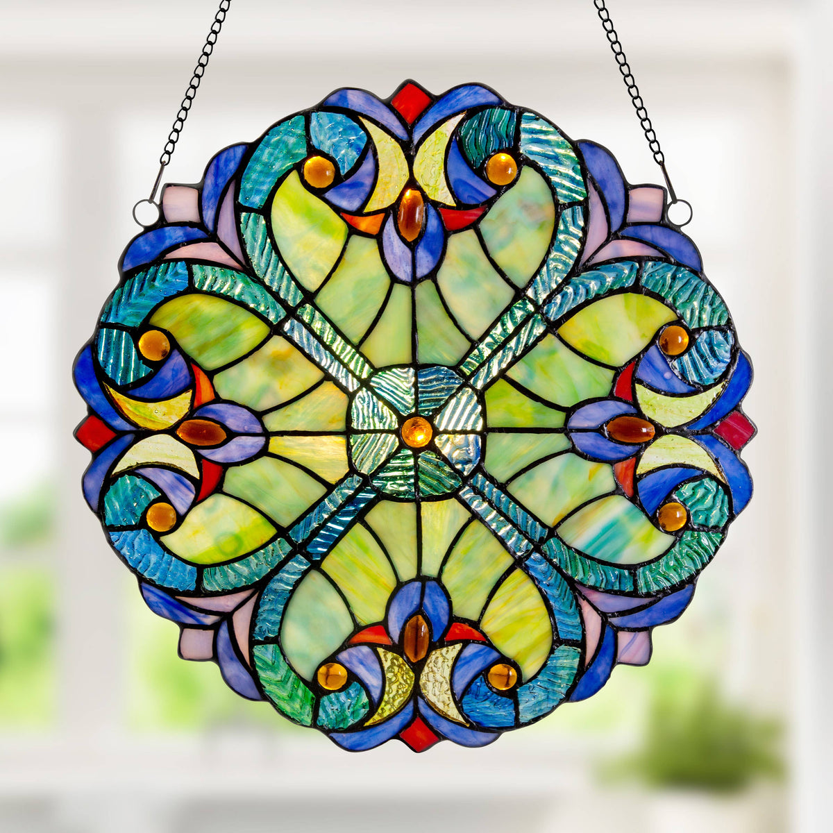 12" Halston Edwardian Stained Glass Window Panel: Blue
