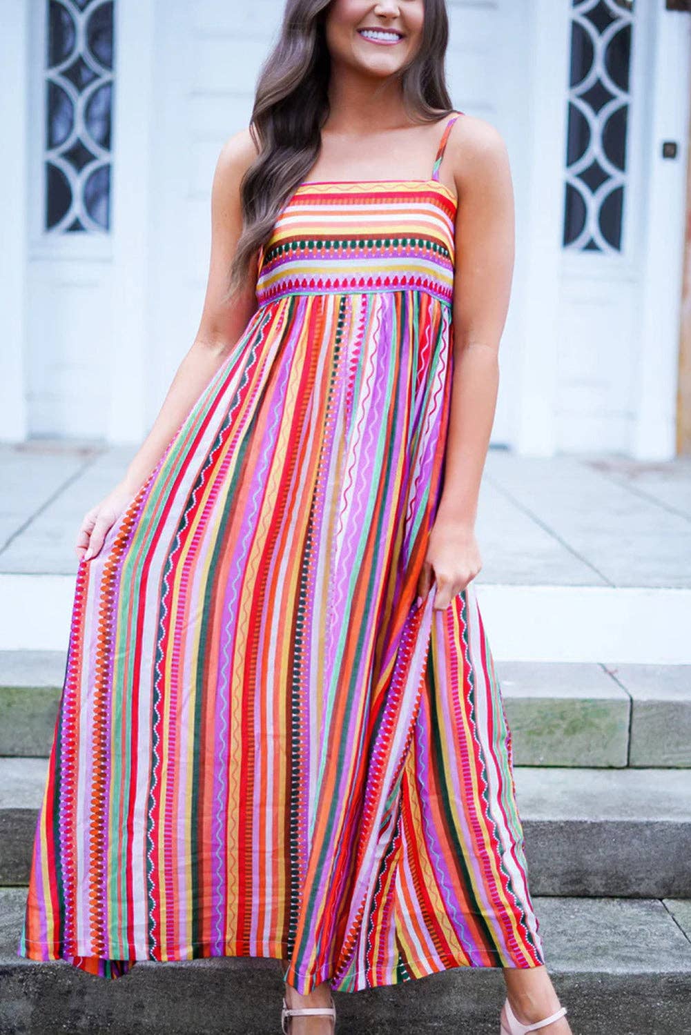 Stripe Spaghetti Straps Maxi Dress: Multicolor